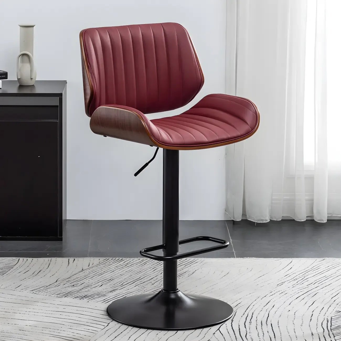 Elegant Wood Leather Red Swivel Adjustable Bar Stool Image - 4