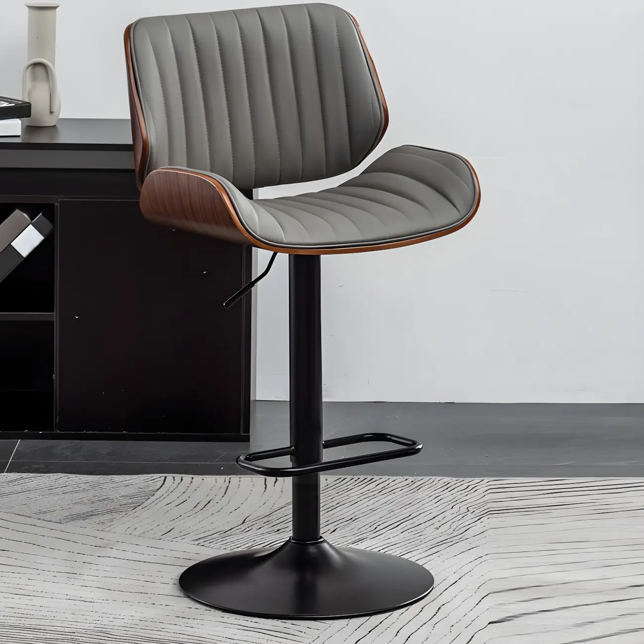 Elegant Wood Leather Red Swivel Adjustable Bar Stool Image - 8 | homeyfad