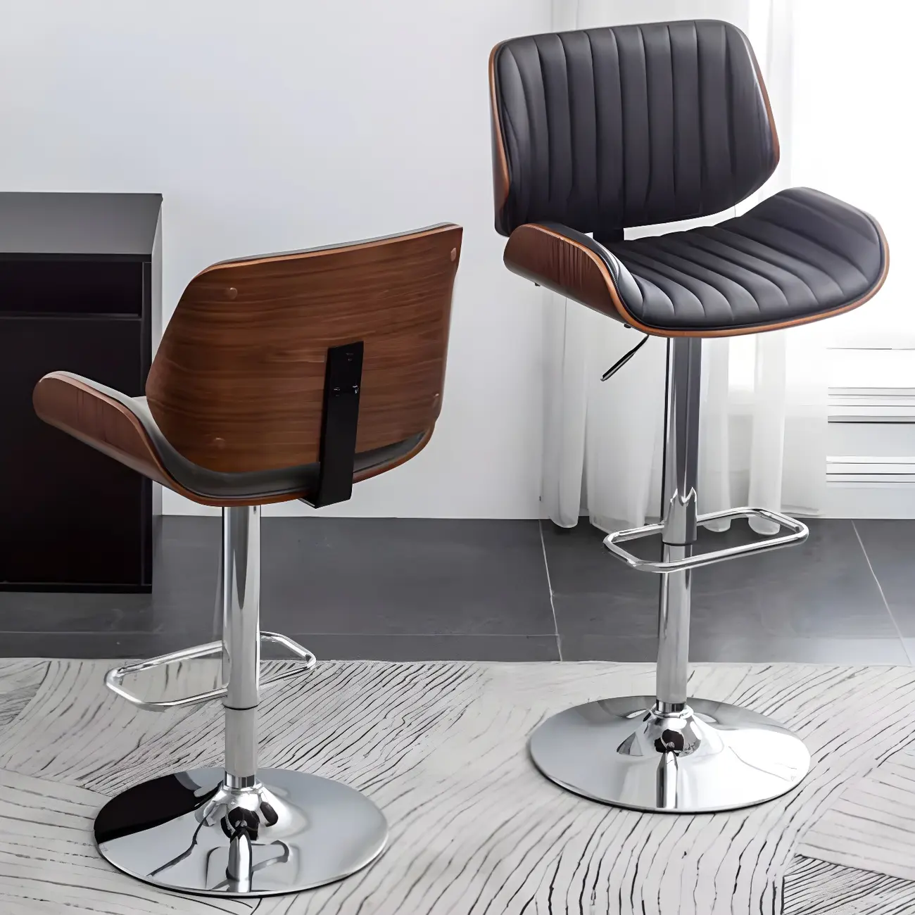 Elegant Wood Leather Red Swivel Adjustable Bar Stool Image - 17 | homeyfad