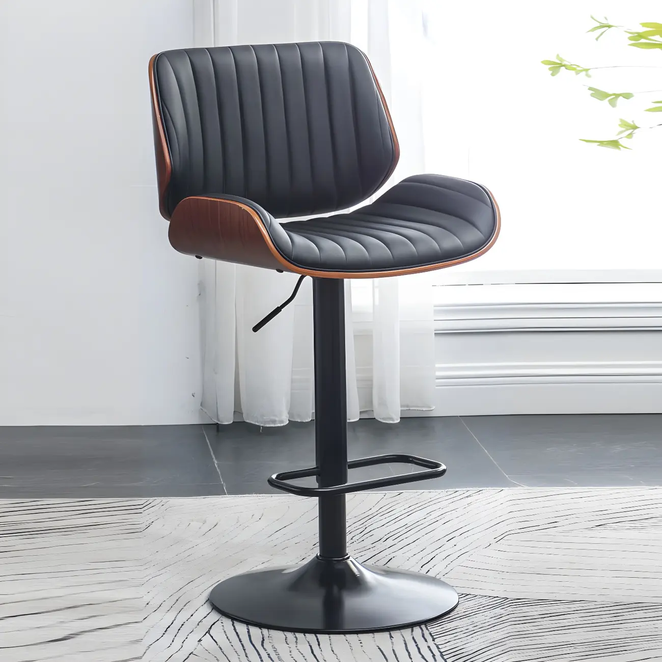 Elegant Wood Leather Red Swivel Adjustable Bar Stool Image - 9 | homeyfad