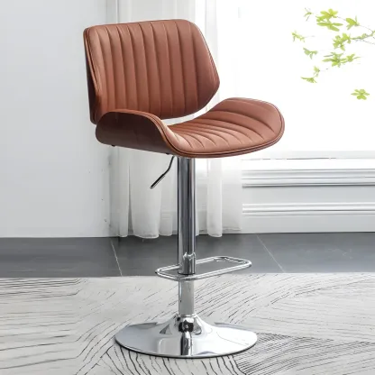 Elegant Wood Leather Red Swivel Adjustable Bar Stool Image - 10