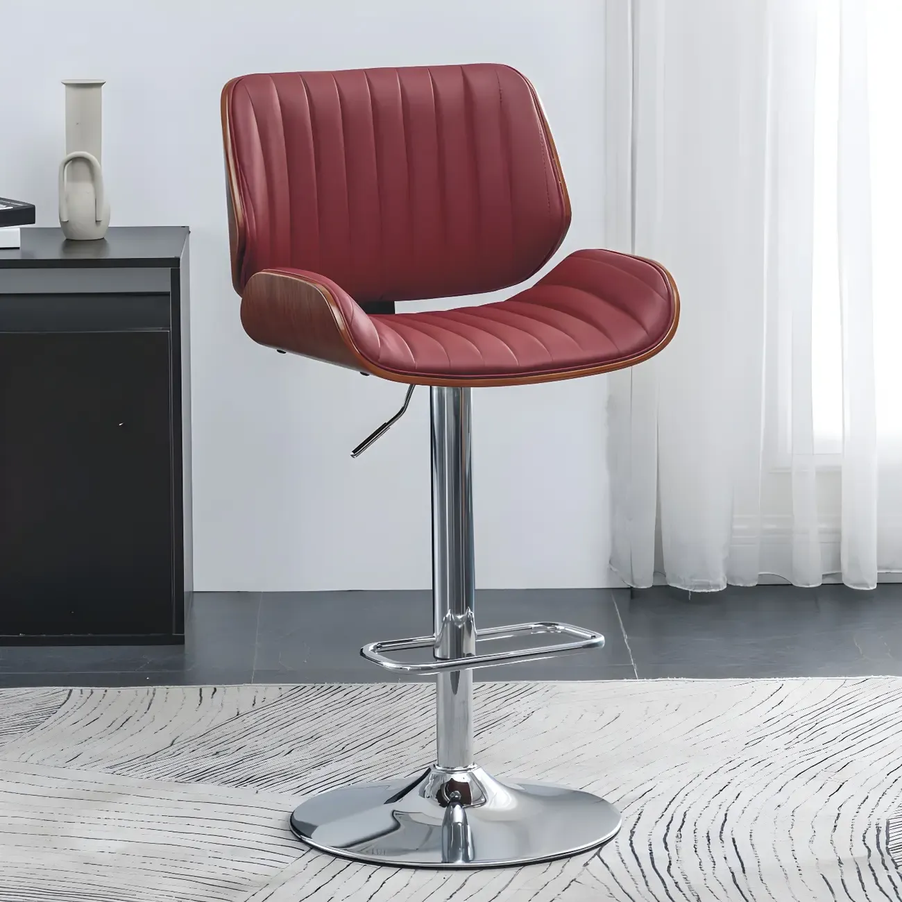 Elegant Wood Leather Red Swivel Adjustable Bar Stool Image - 1