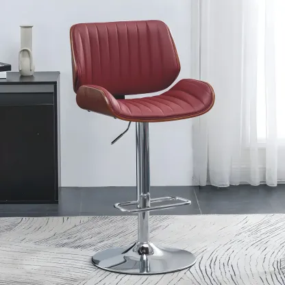 Elegant Wood Leather Red Swivel Adjustable Bar Stool Image - 1