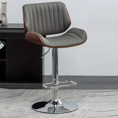 Elegant Wood Leather Red Swivel Adjustable Bar Stool Image - 5