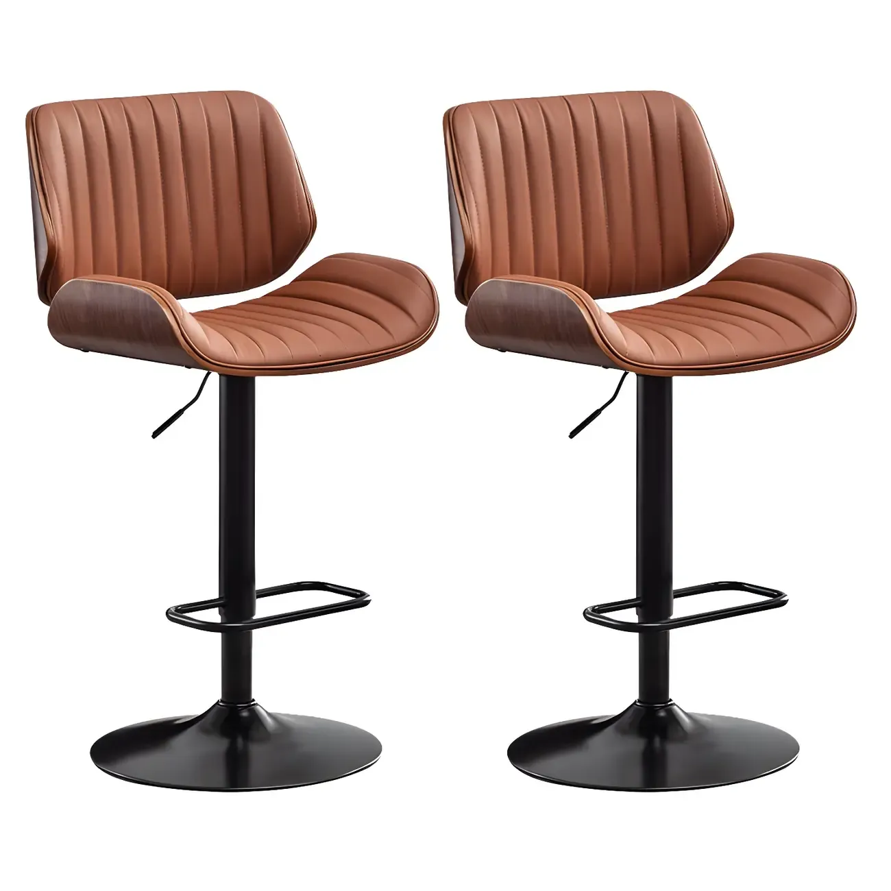 Elegant Wood Leather Red Swivel Adjustable Bar Stool Image - 26