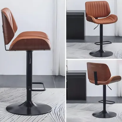Elegant Wood Leather Red Swivel Adjustable Bar Stool Image - 18