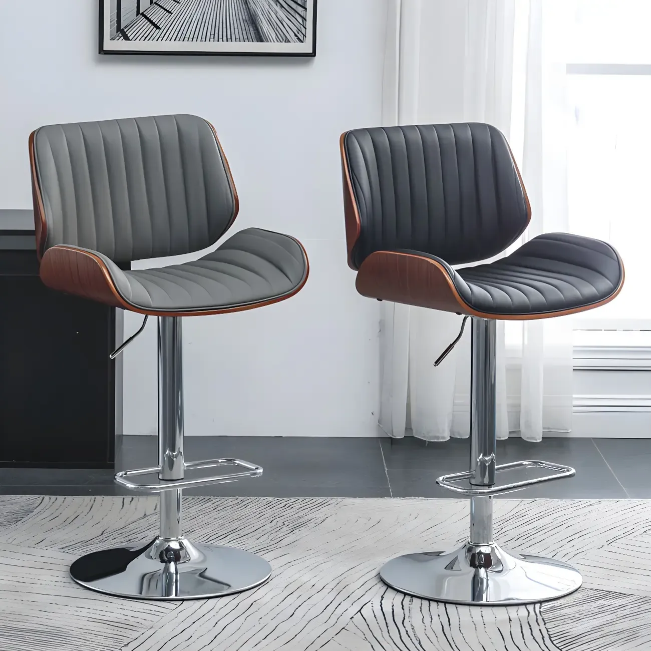 Elegant Wood Leather Red Swivel Adjustable Bar Stool Image - 13