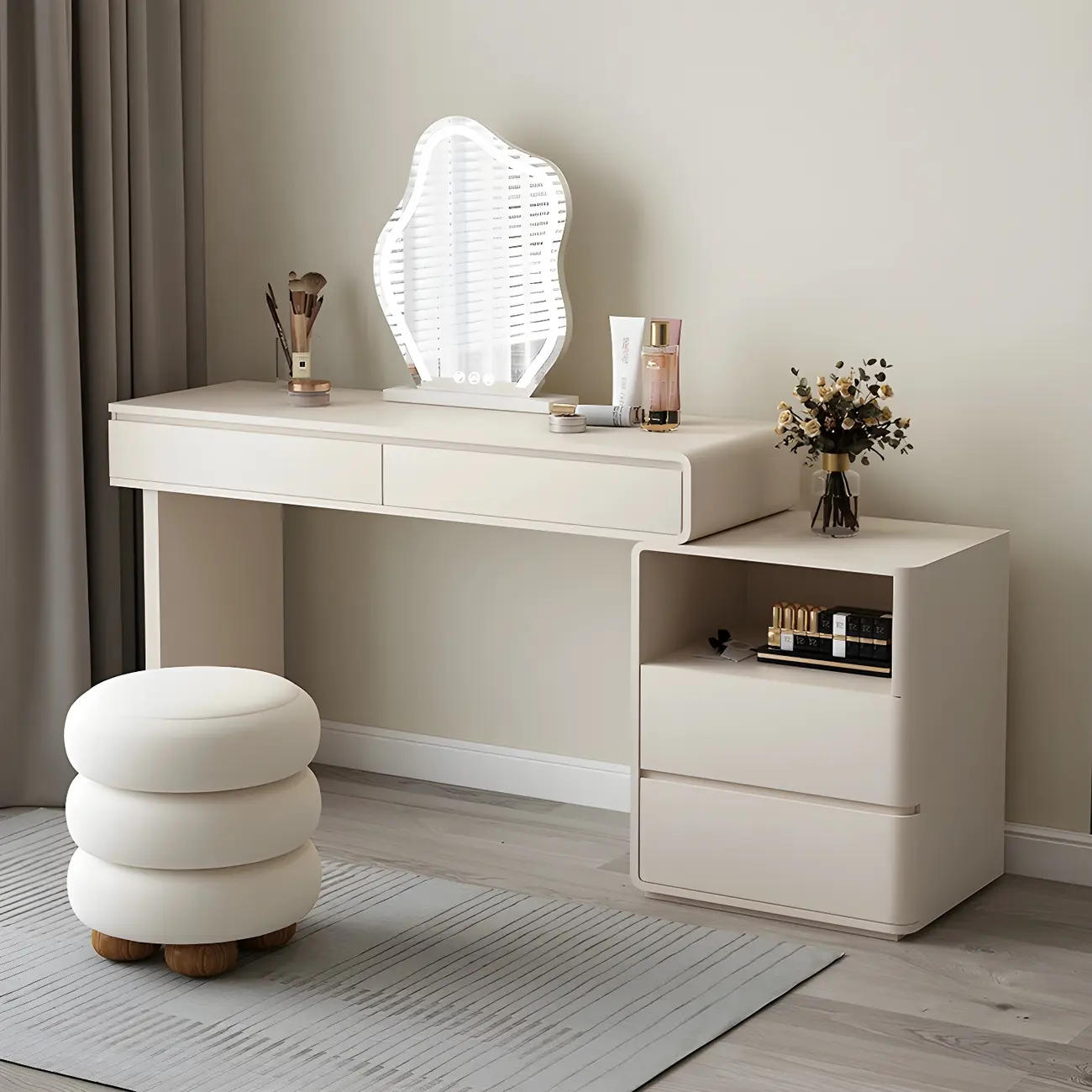Modern Off-White Wood Makeup Vanity with Stool Image - 1 | homeyfad