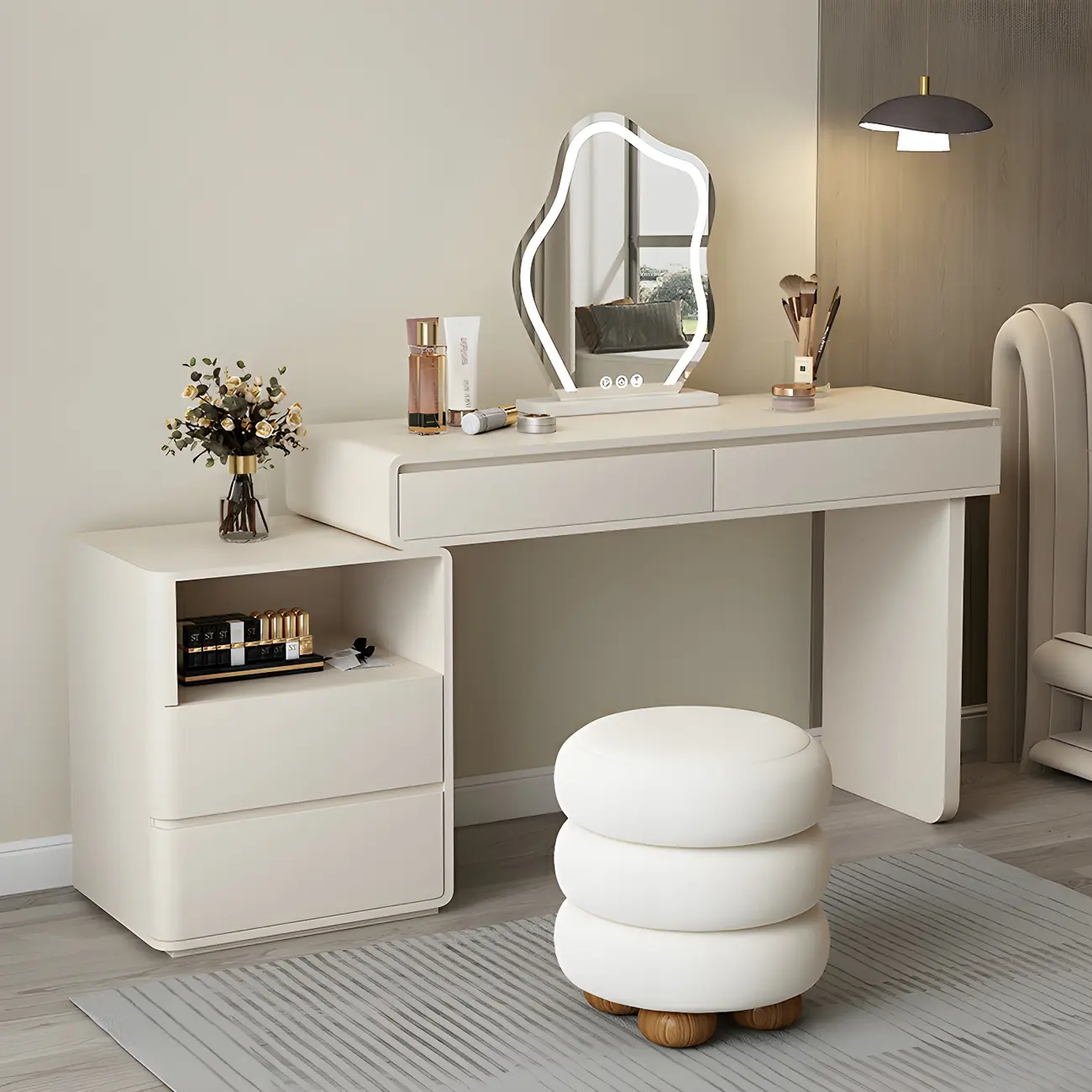 Modern Off-White Wood Makeup Vanity with Stool Image - 2 | homeyfad