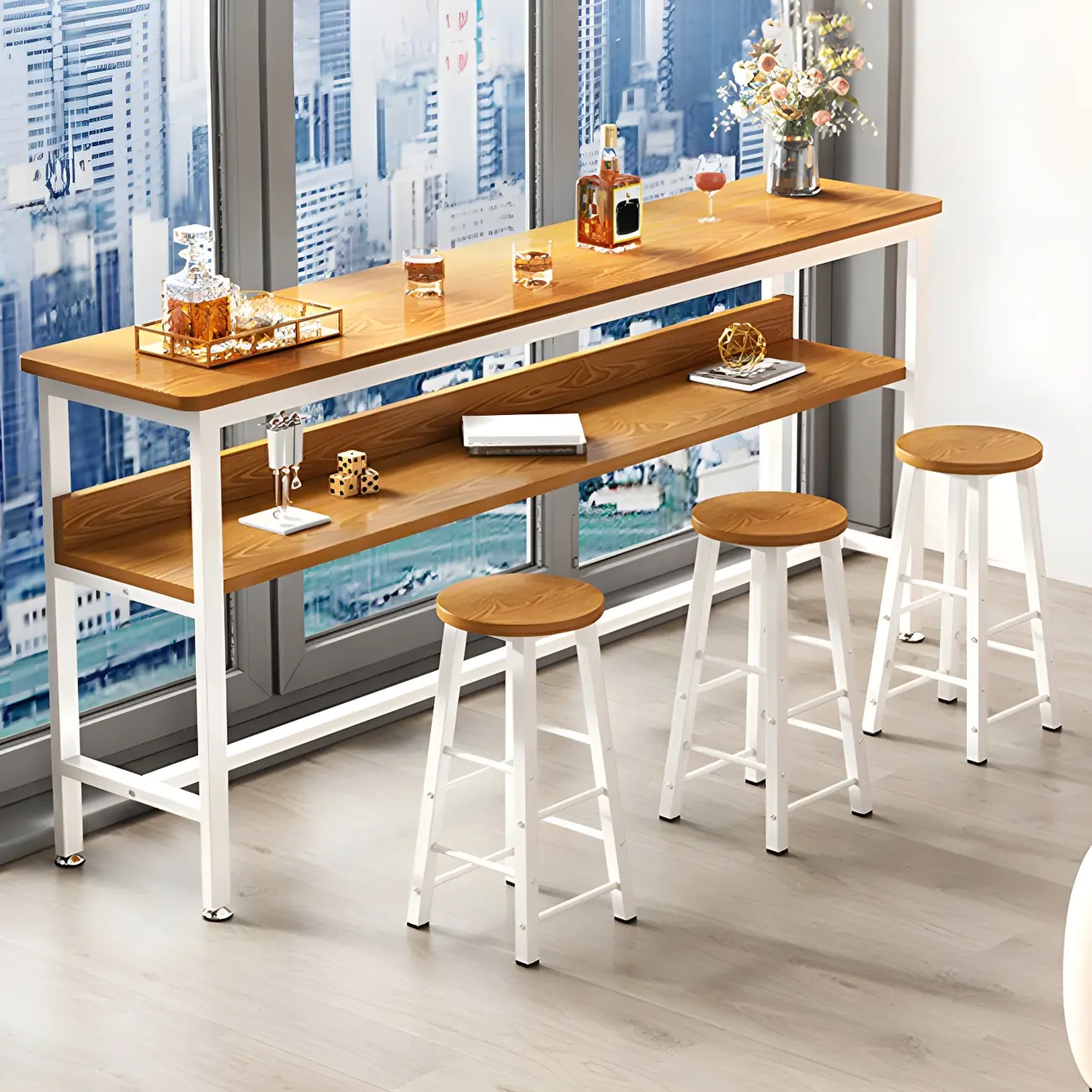 Modern Wooden Metal Base Shelf Bar Table with Footrest Image - 2 | homeyfad
