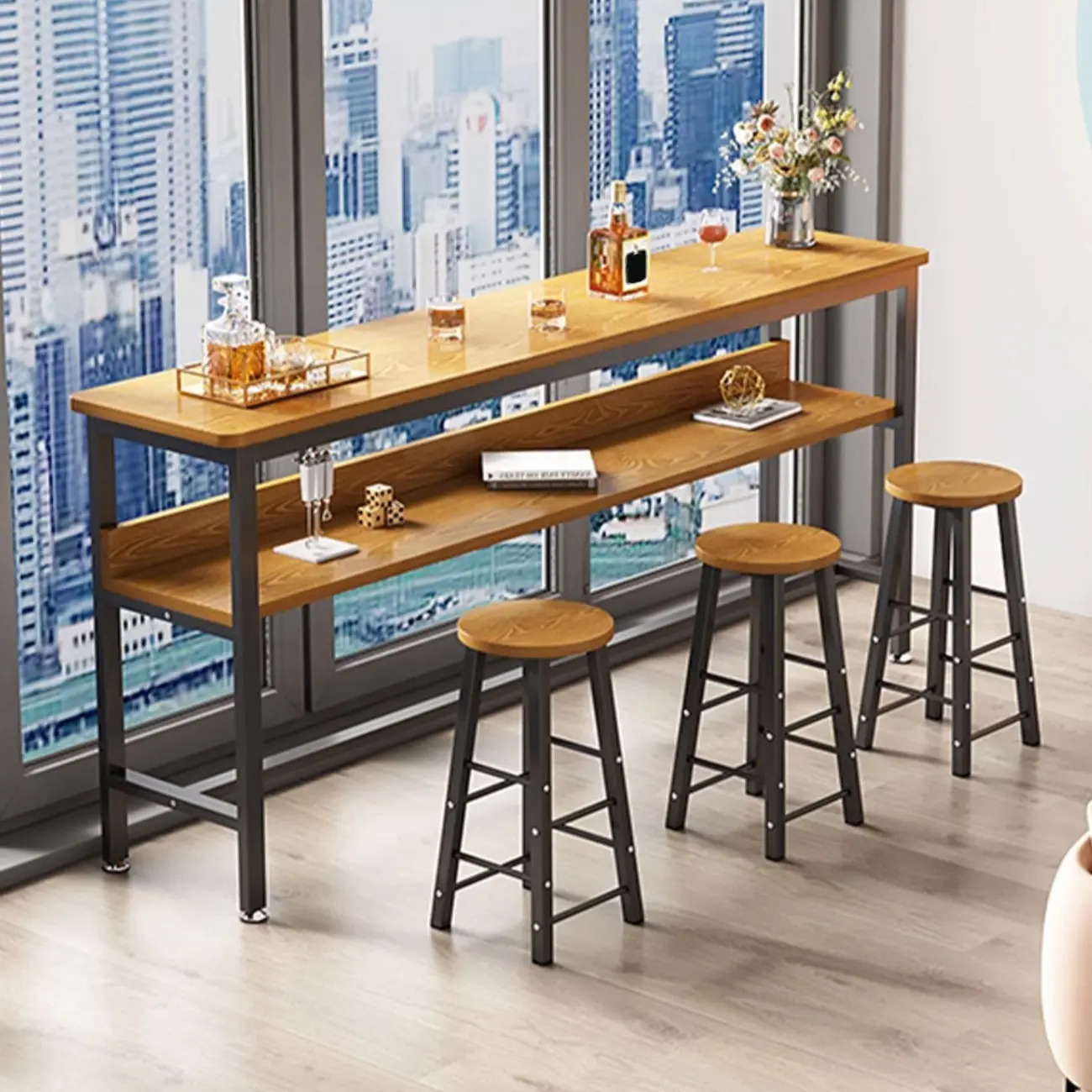 Modern Wooden Metal Base Shelf Bar Table with Footrest Image - 3 | homeyfad