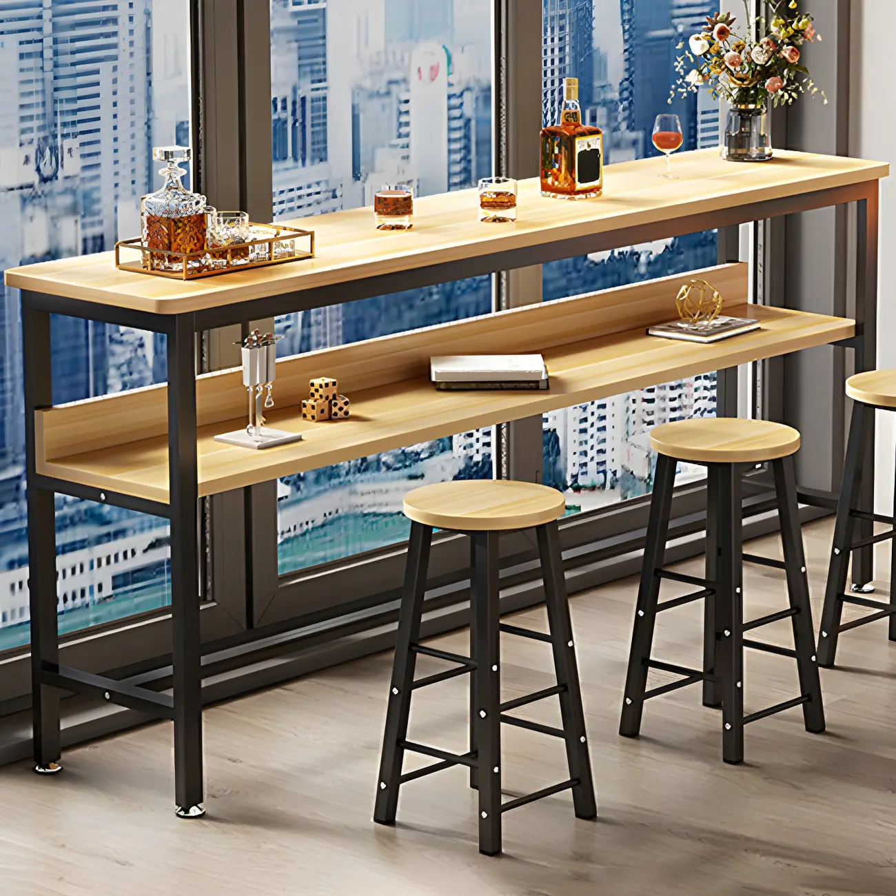 Modern Wooden Metal Base Shelf Bar Table with Footrest Image - 5 | homeyfad