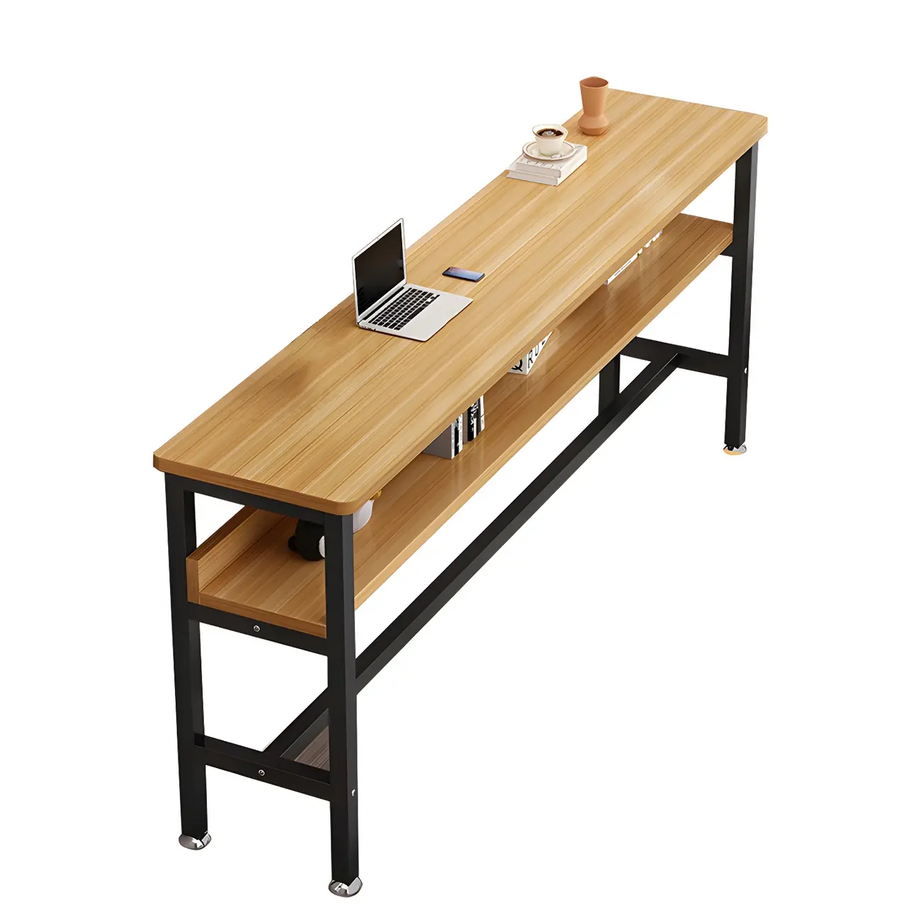 Modern Wooden Metal Base Shelf Bar Table with Footrest Image - 9 | homeyfad