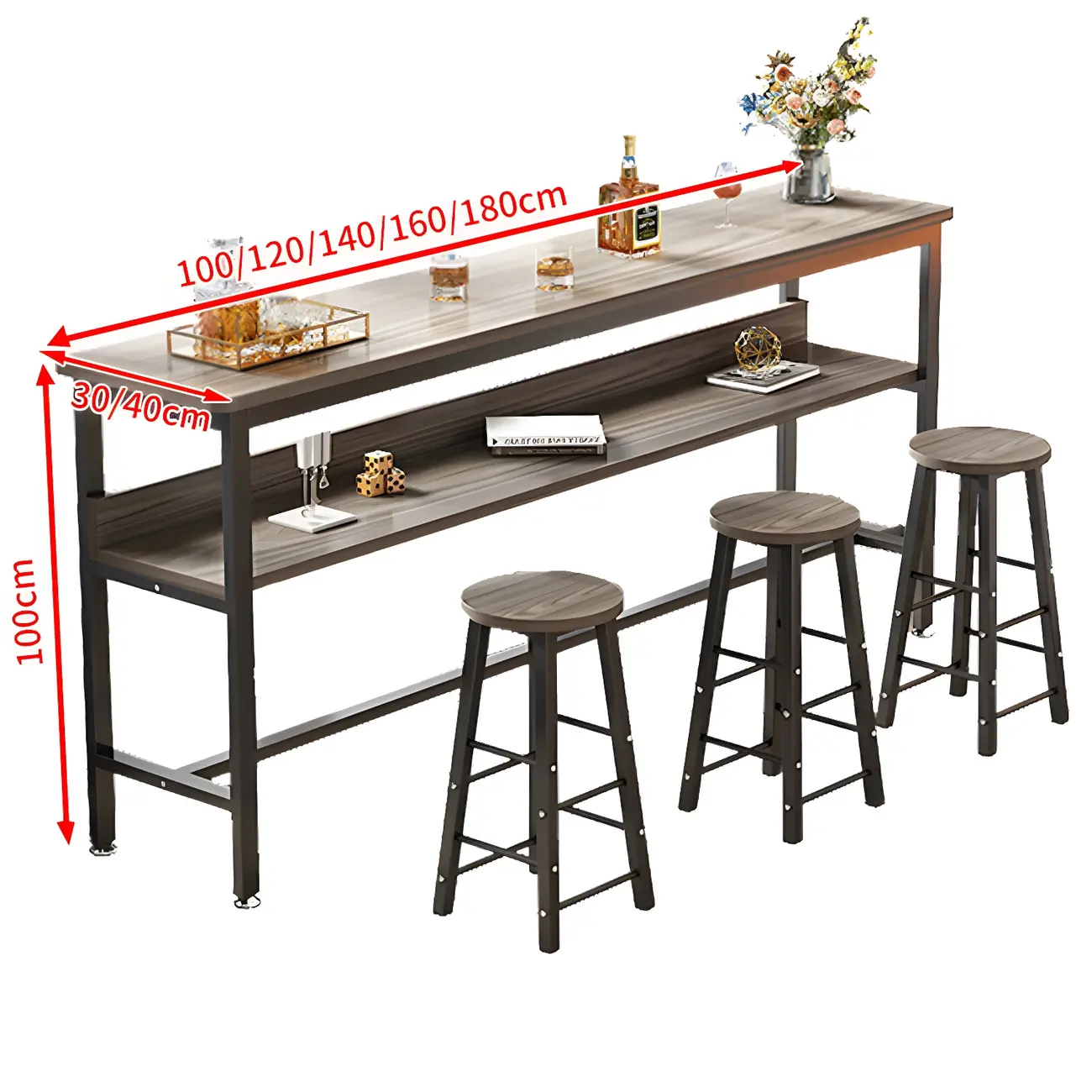 Modern Wooden Metal Base Shelf Bar Table with Footrest Image - 10 | homeyfad