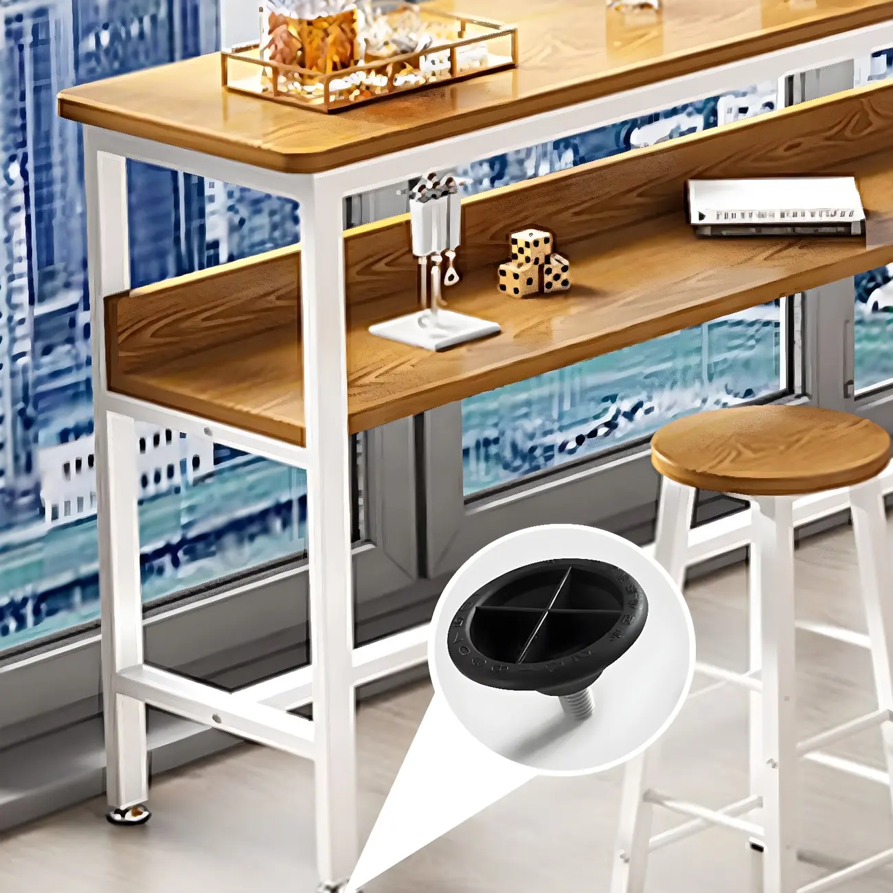 Modern Wooden Metal Base Shelf Bar Table with Footrest Image - 12 | homeyfad