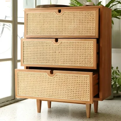 Retro Natural Rattan Dressers with 3-Drawers for Bedroom Image - 1