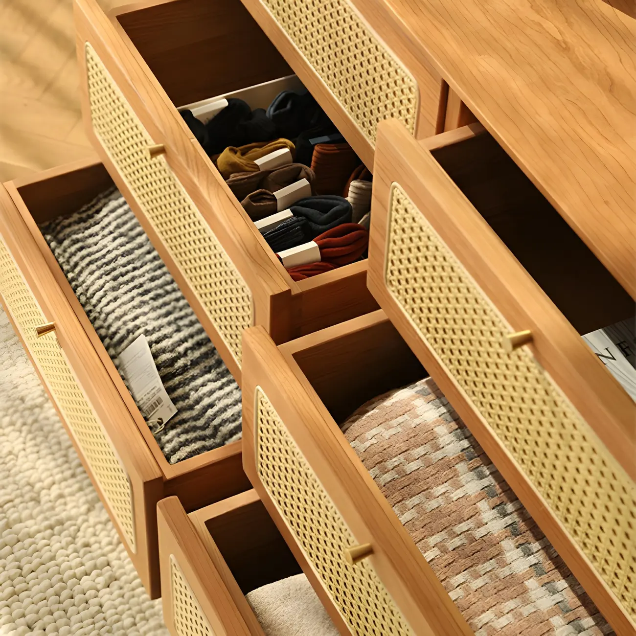 Retro Natural Rattan Dressers with 3-Drawers for Bedroom Image - 12 | homeyfad