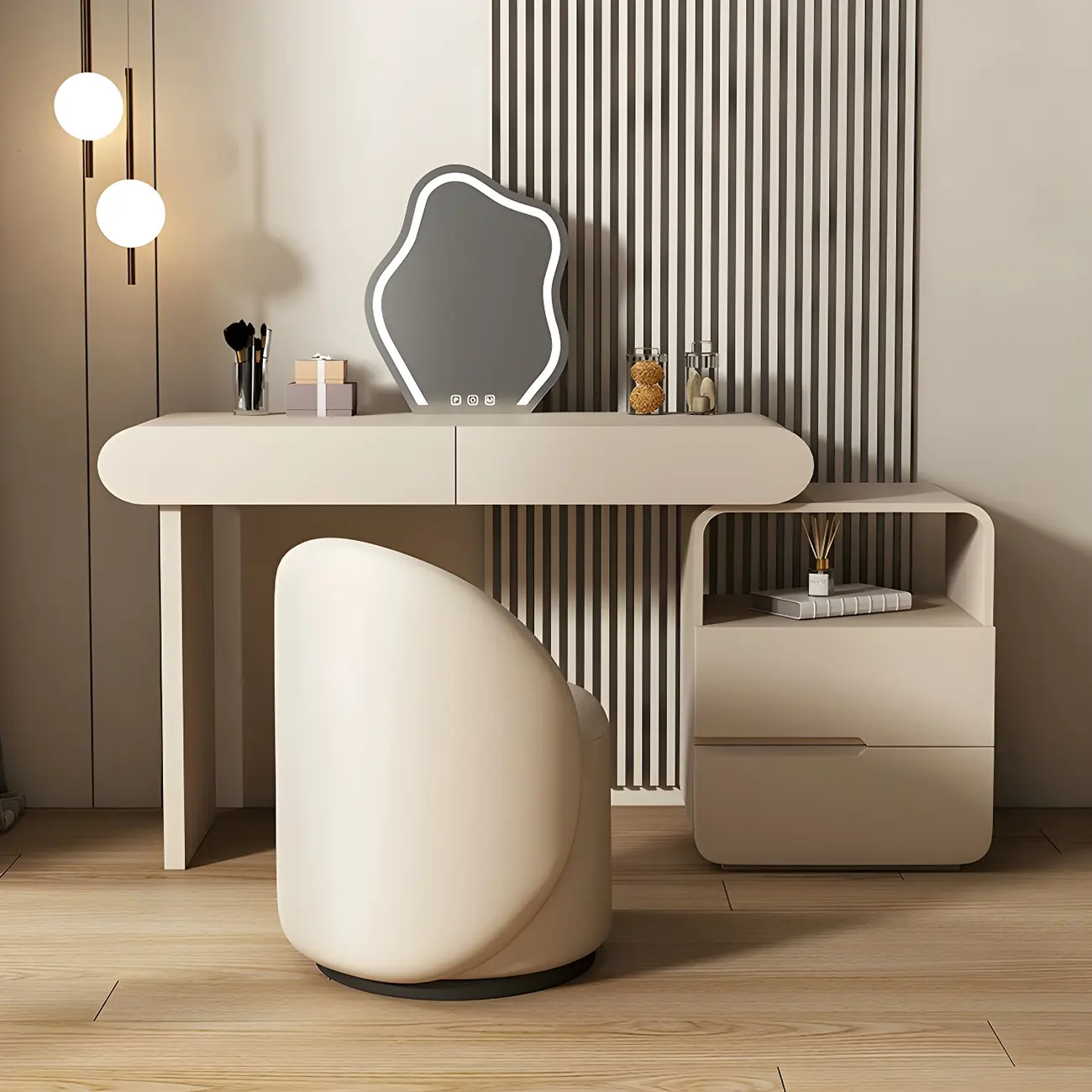 Modern Wood Off-White Makeup Vanity Side Cabinet Image - 1 | homeyfad