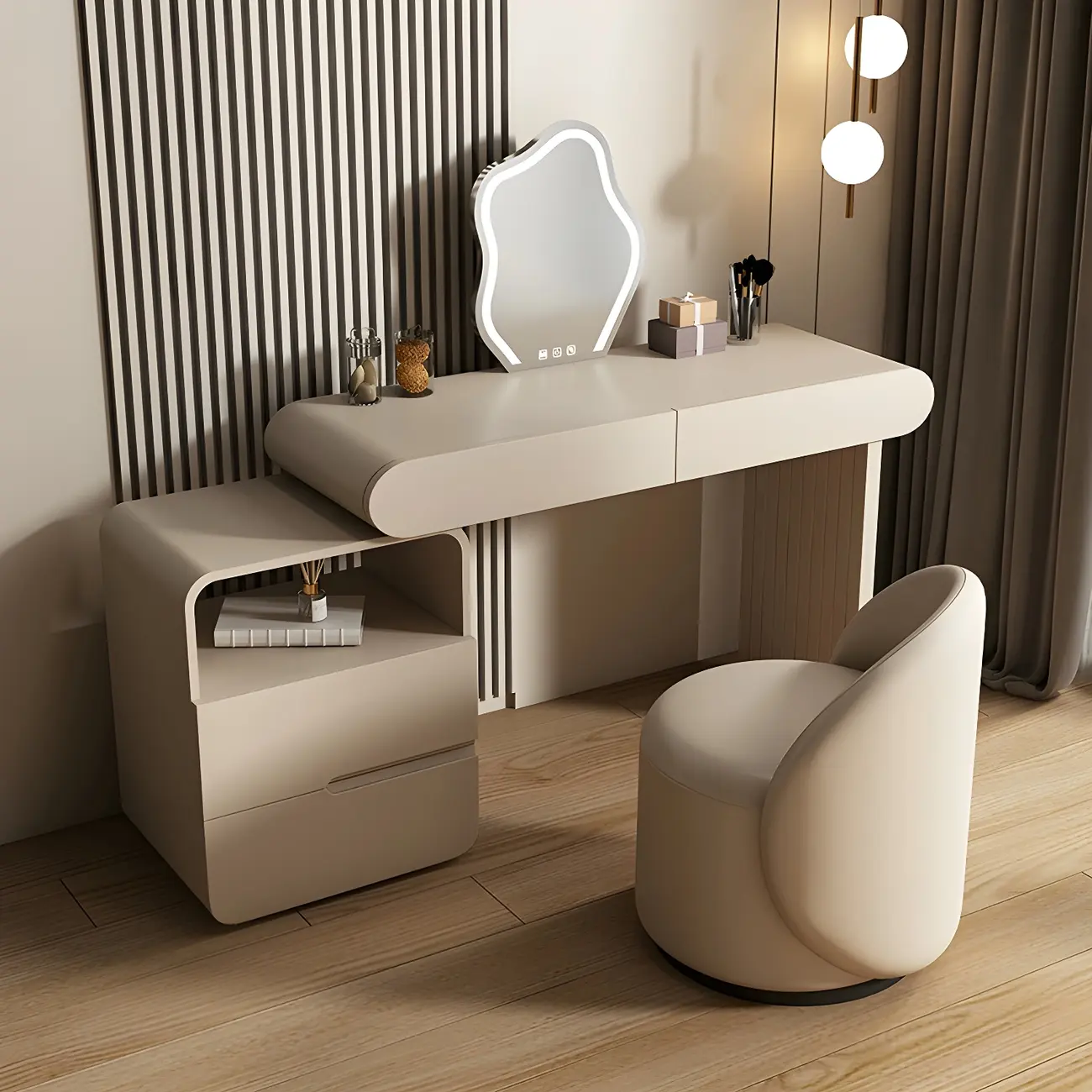 Modern Wood Off-White Makeup Vanity Side Cabinet Image - 2 | homeyfad