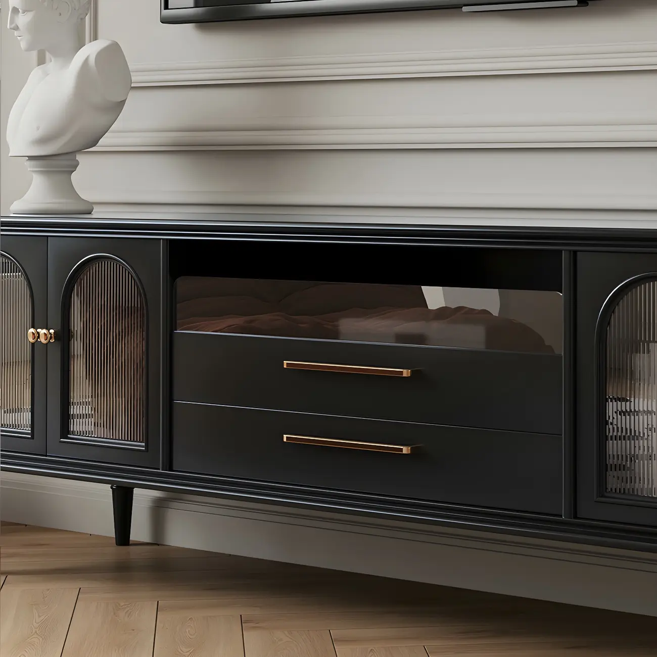 Glam Black Wooden TV Stand with Open Storage for Living Room Image - 4 | homeyfad