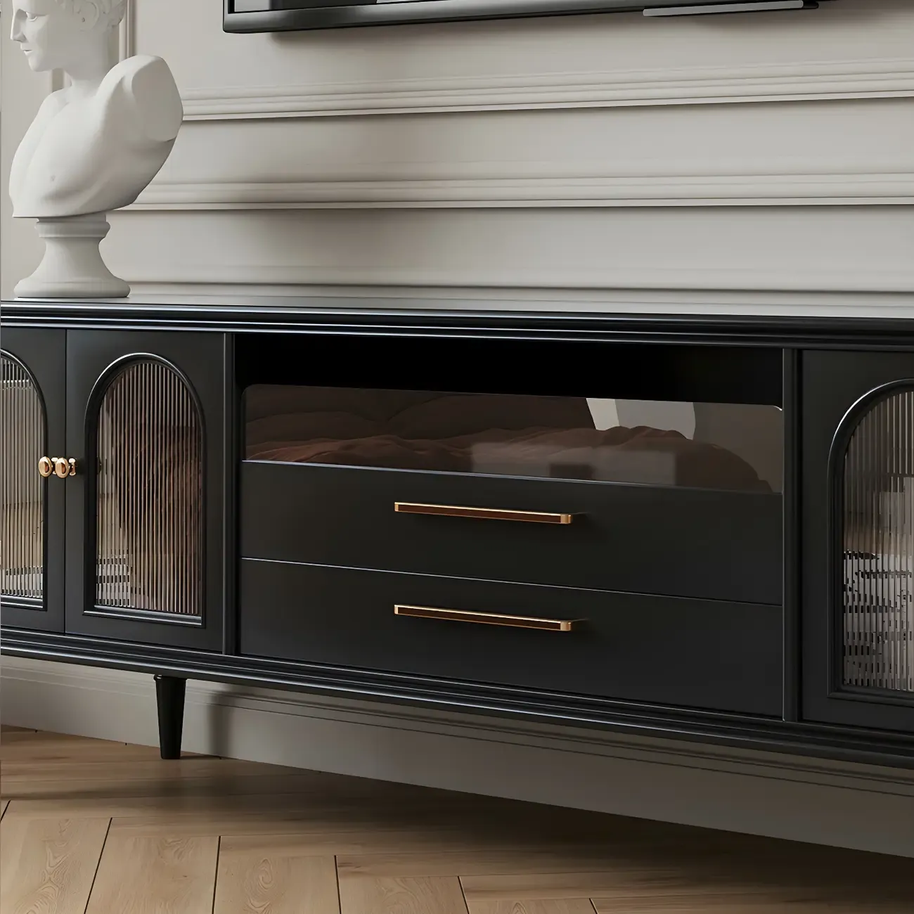 Glam Black Wooden TV Stand with Open Storage for Living Room Image - 4