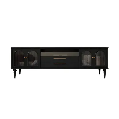 Glam Black Wooden TV Stand with Open Storage for Living Room Image - 6