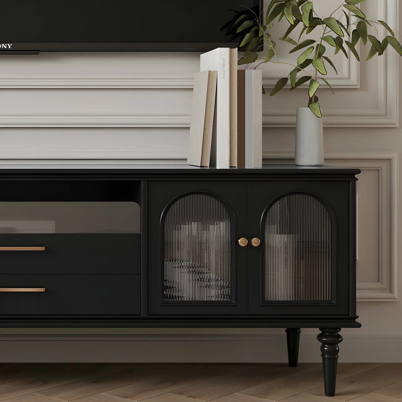 Glam Black Wooden TV Stand with Open Storage for Living Room Image - 7 | homeyfad