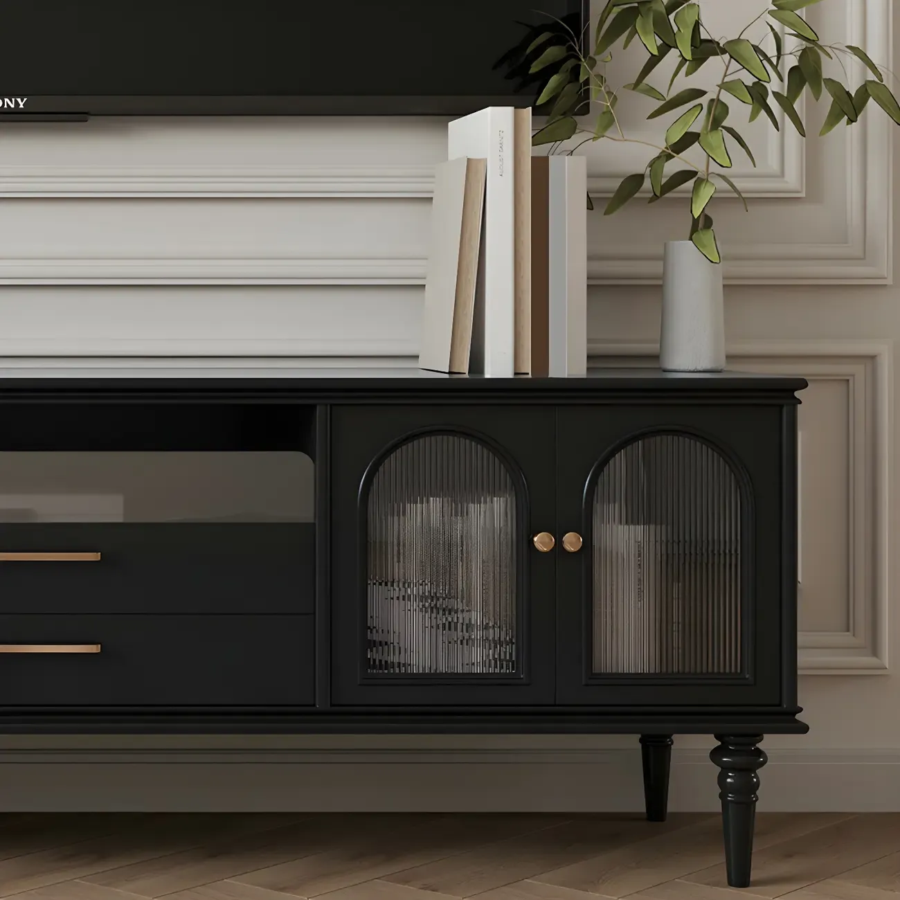 Glam Black Wooden TV Stand with Open Storage for Living Room Image - 7