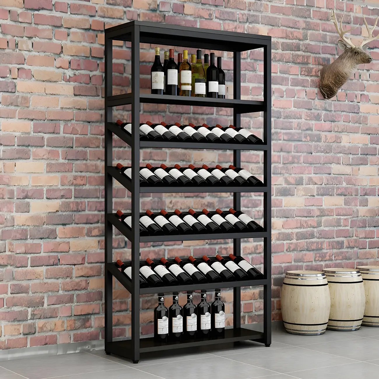 Freestanding Floor Metal Large Wine Bottle Rack Black Image - 2 | homeyfad
