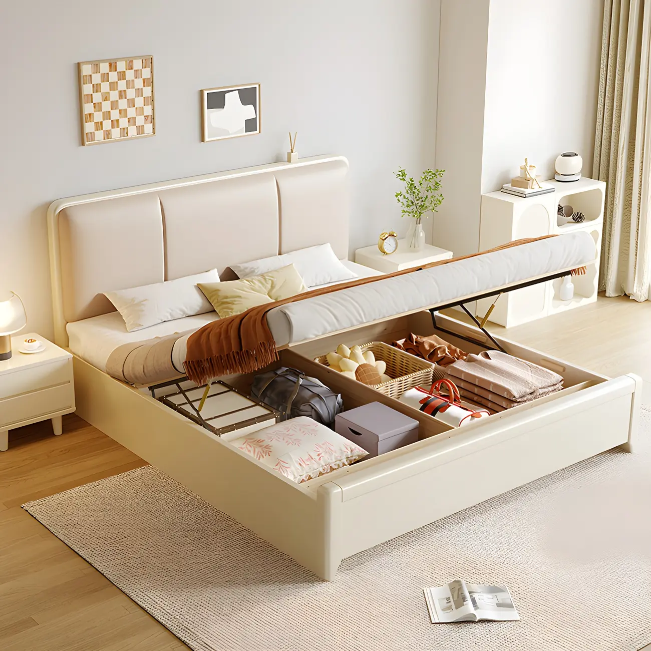 Scandinavian Wooden Leather Upholstered Platform Storage Bed Image - 2 | homeyfad