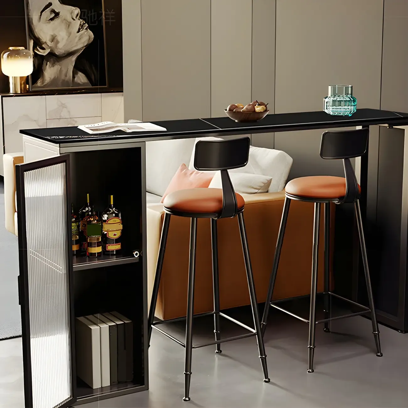Modern Black Stone Steel Pedestal Storage Bar Tables Image - 1
