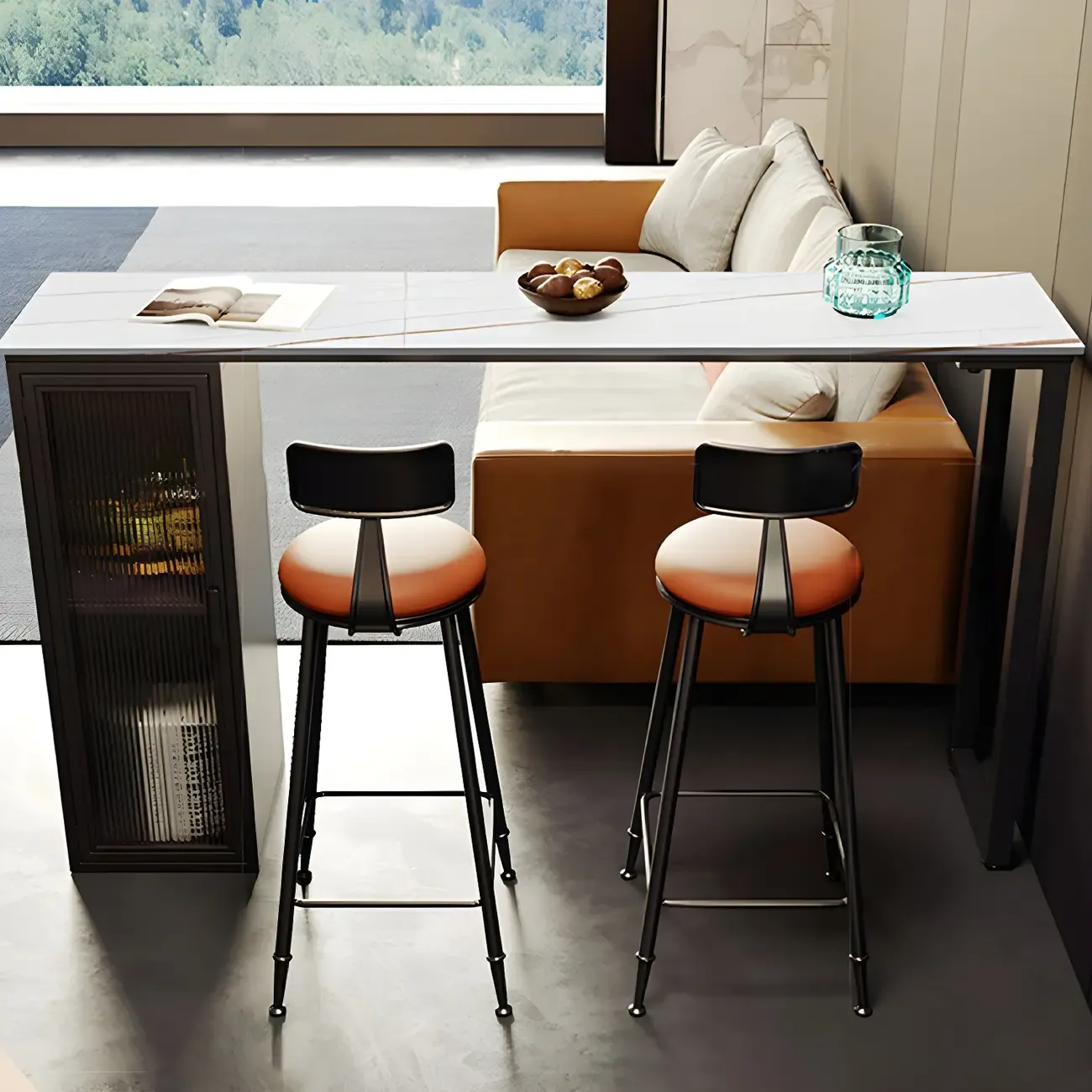 Modern Black Stone Steel Pedestal Storage Bar Tables Image - 4