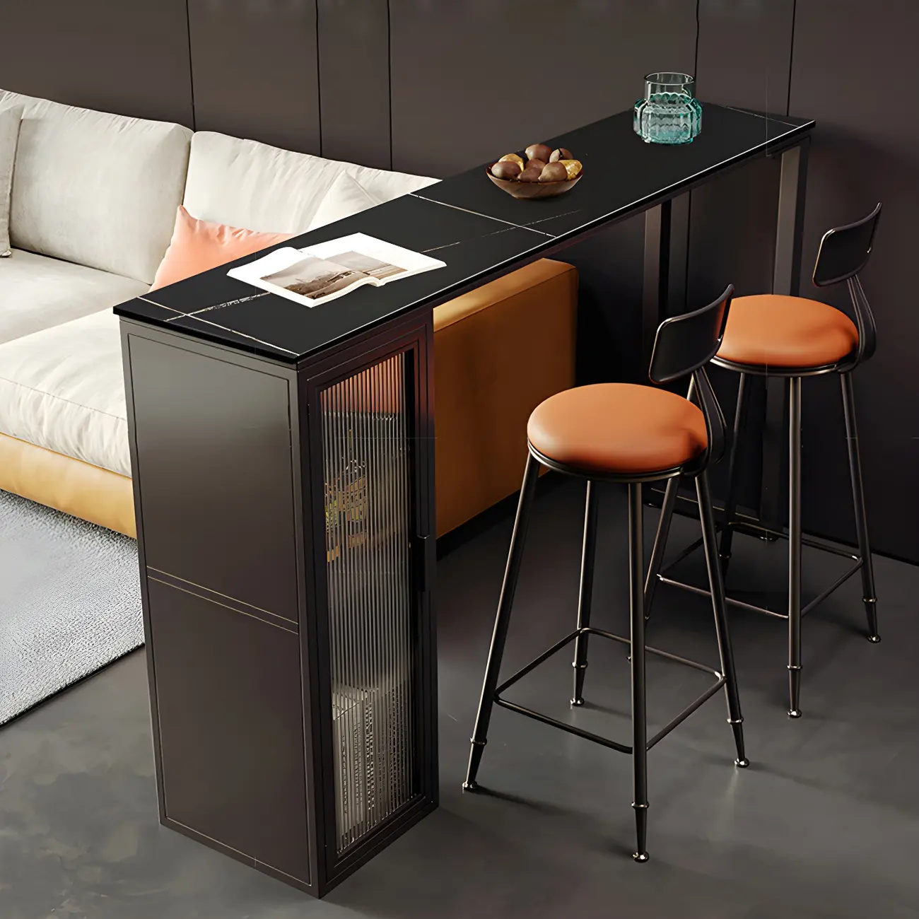 Modern Black Stone Steel Pedestal Storage Bar Tables Image - 6 | homeyfad