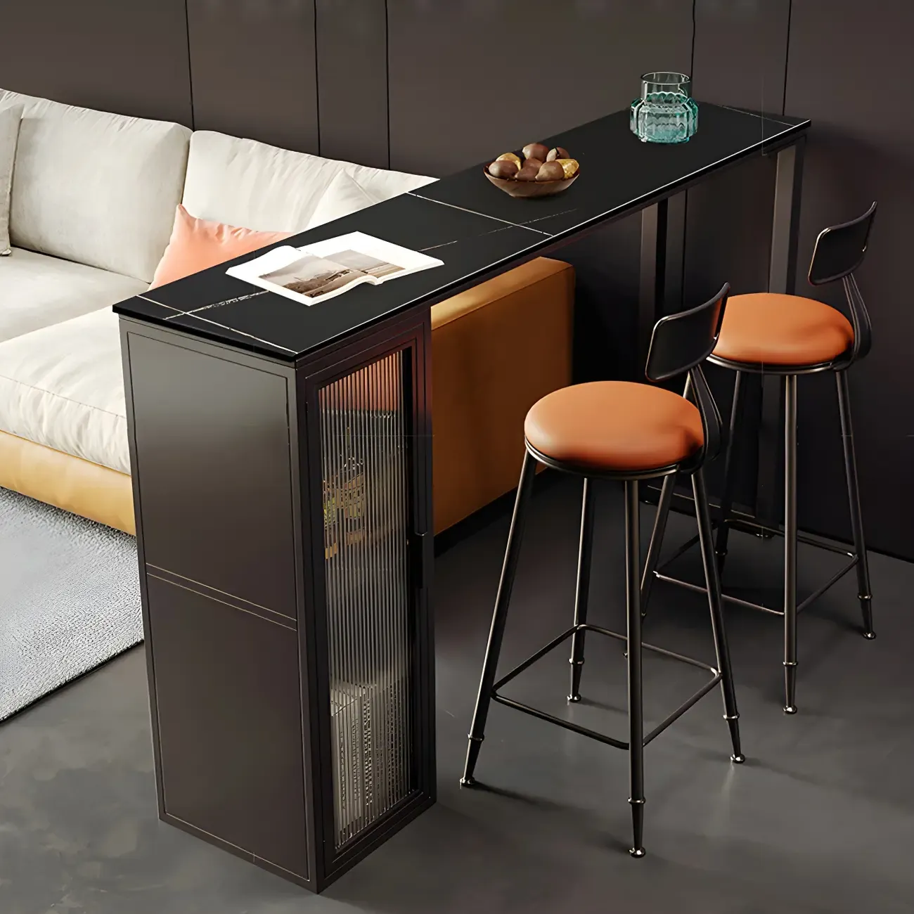 Modern Black Stone Steel Pedestal Storage Bar Tables Image - 6