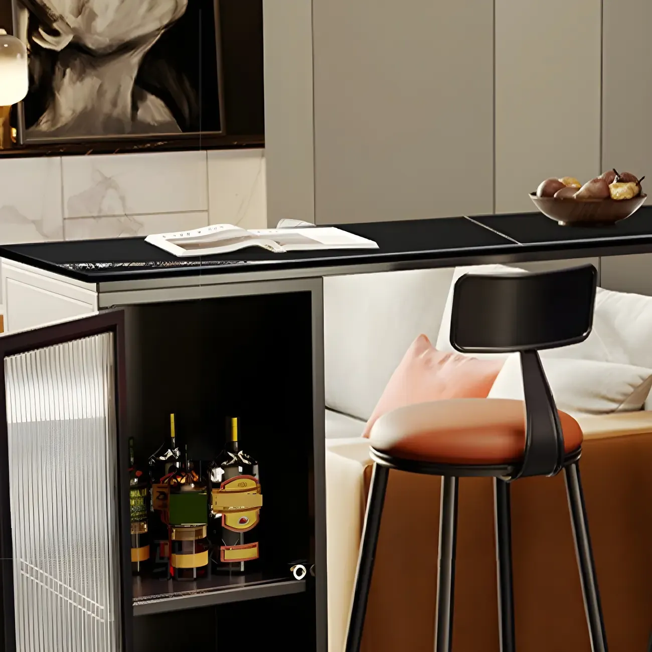 Modern Black Stone Steel Pedestal Storage Bar Tables Image - 11