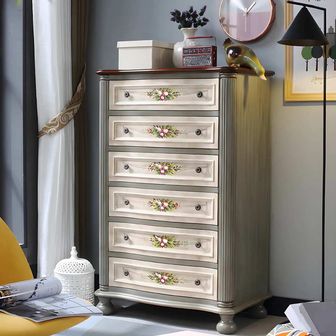 Vintage Grey Wooden Chest with Floral and 6 Drawers for Home Image - 1 | homeyfad