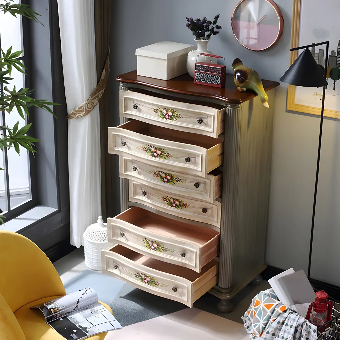 Vintage Grey Wooden Chest with Floral and 6 Drawers for Home Image - 3