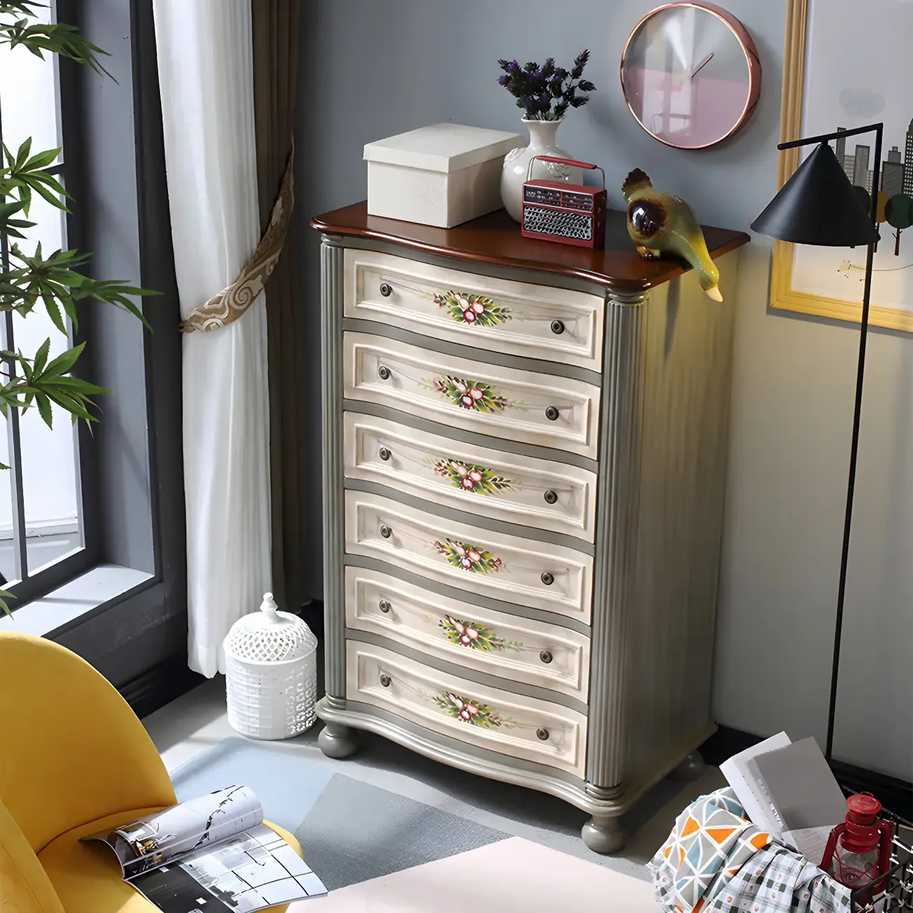 Vintage Grey Wooden Chest with Floral and 6 Drawers for Home Image - 4