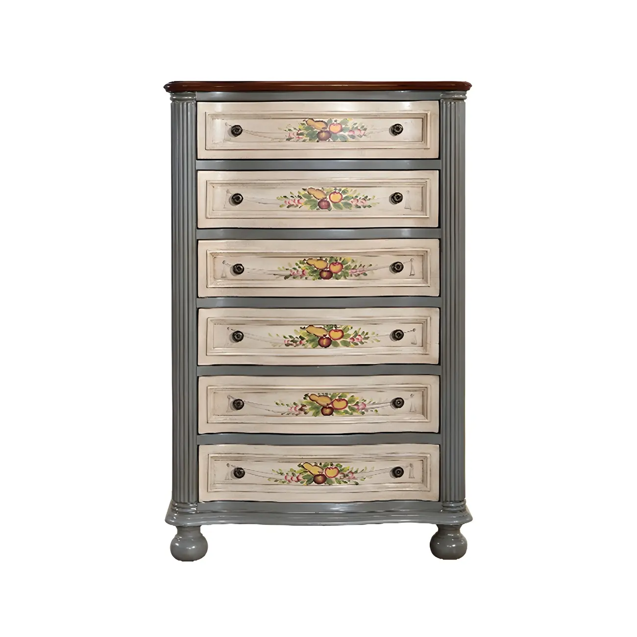 Vintage Grey Wooden Chest with Floral and 6 Drawers for Home Image - 5 | homeyfad