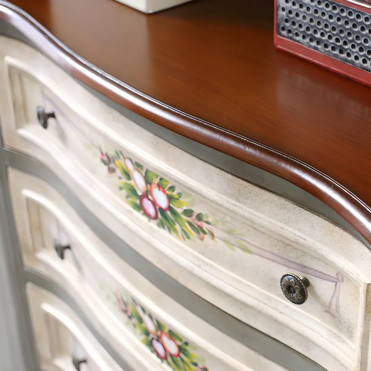 Vintage Grey Wooden Chest with Floral and 6 Drawers for Home Image - 7