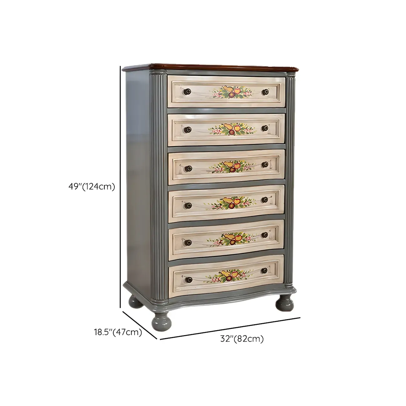 Vintage Grey Wooden Chest with Floral and 6 Drawers for Home #size