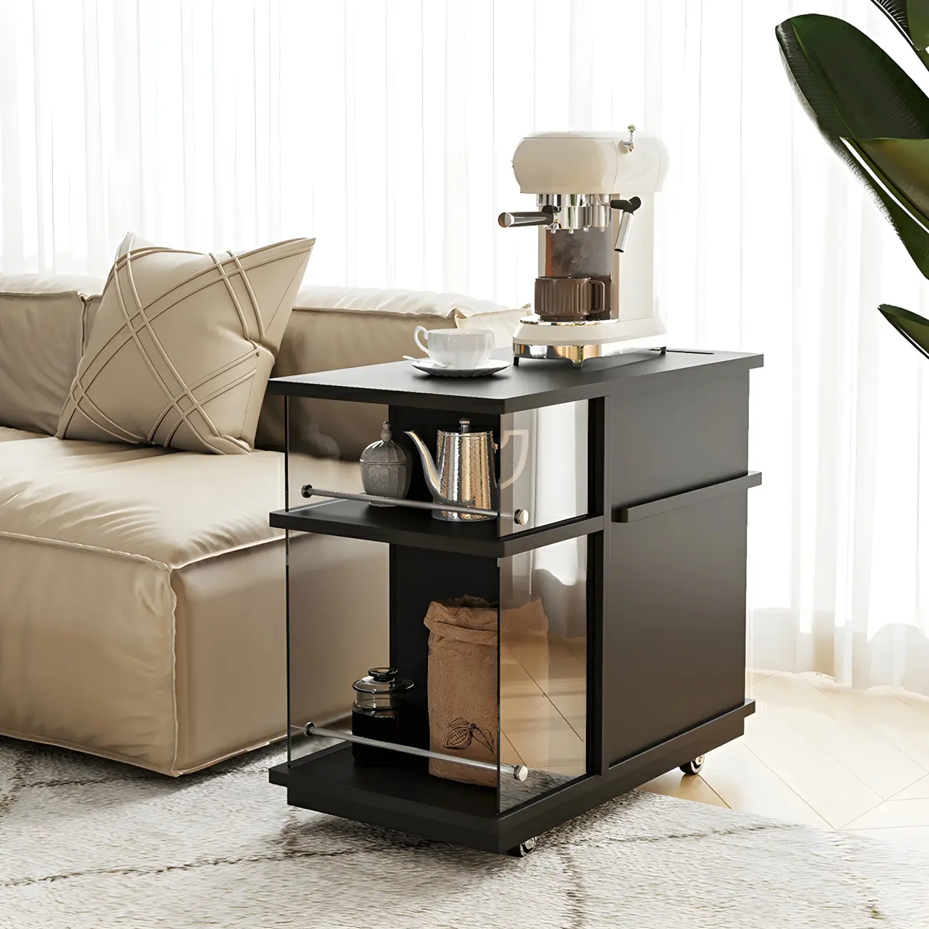 Functional Black Rectangular Wood Side Table with Storage Image - 1 | homeyfad