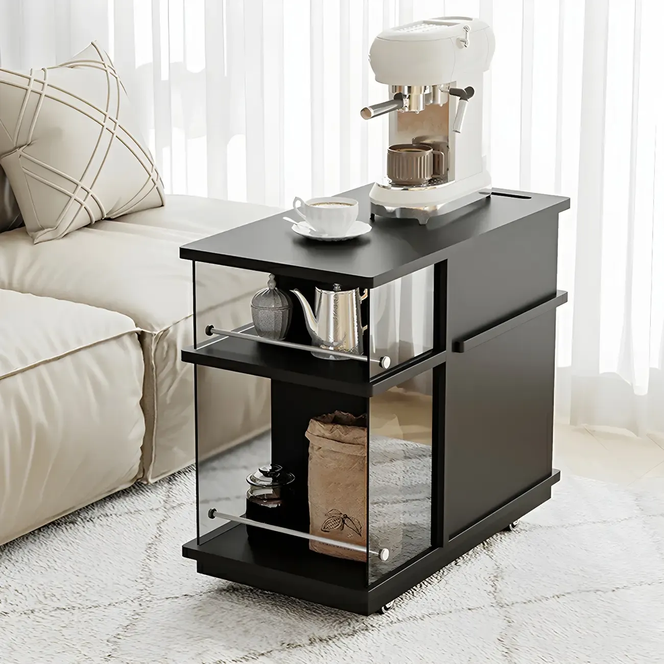 Functional Black Rectangular Wood Side Table with Storage Image - 3