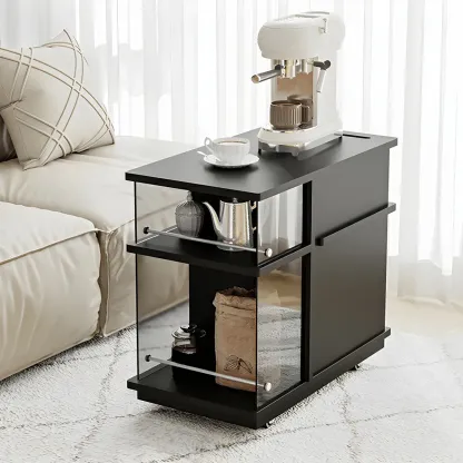 Functional Black Rectangular Wood Side Table with Storage Image - 3