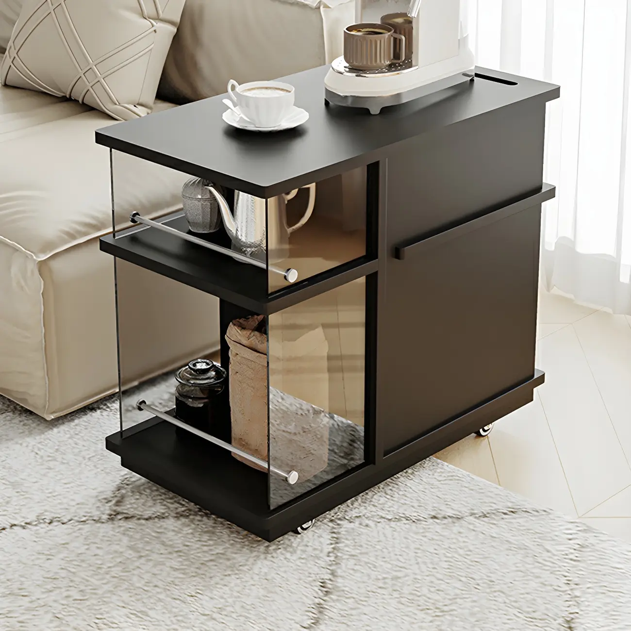 Functional Black Rectangular Wood Side Table with Storage Image - 5 | homeyfad