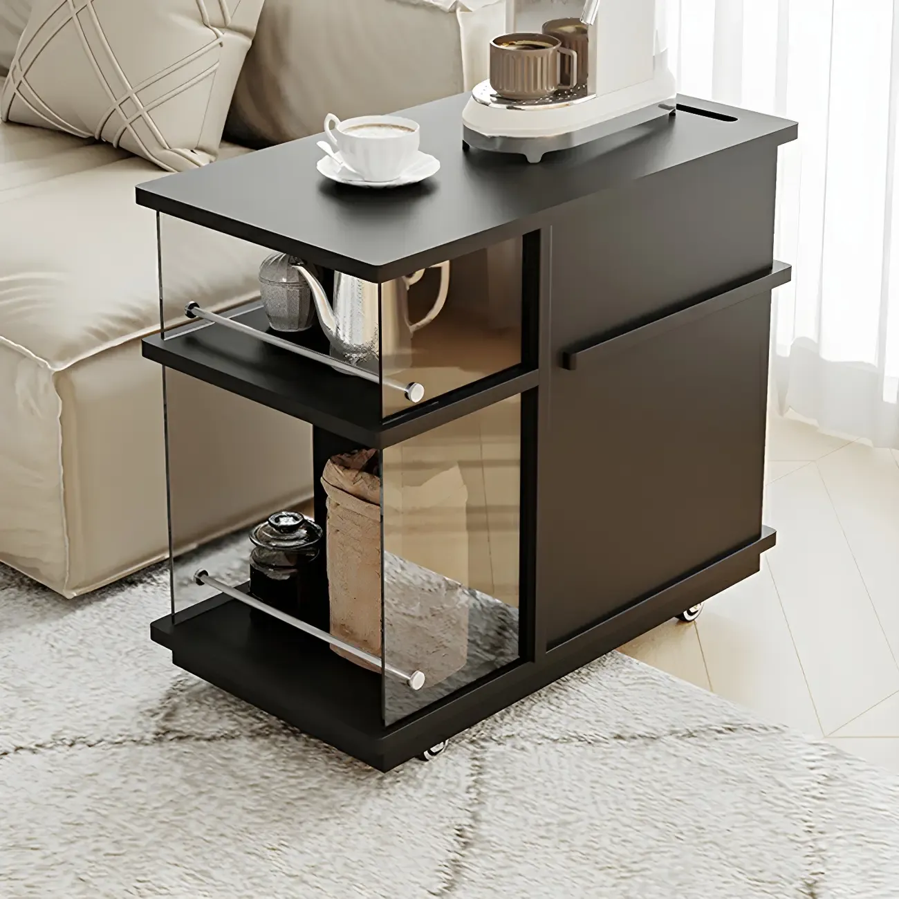 Functional Black Rectangular Wood Side Table with Storage Image - 5