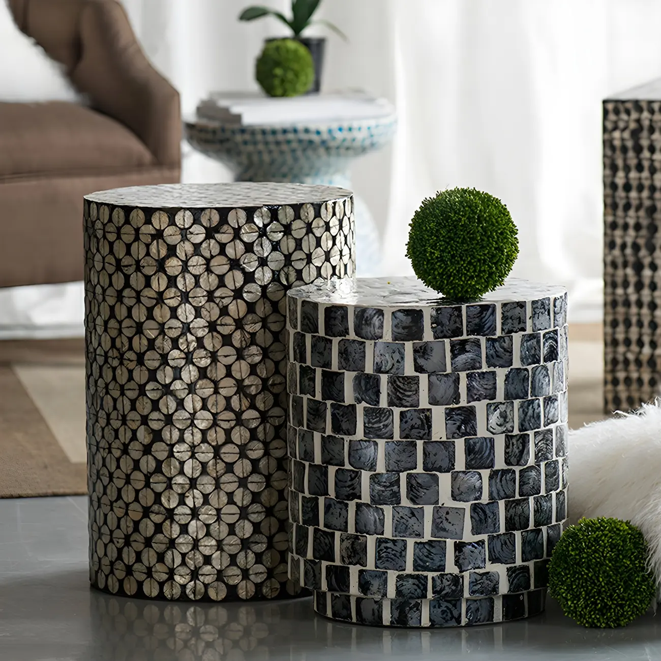 Vintage Wooden Round End Table with Mosaic Design for Home Image - 1 | homeyfad