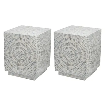 Vintage Wooden Round End Table with Mosaic Design for Home Image - 3