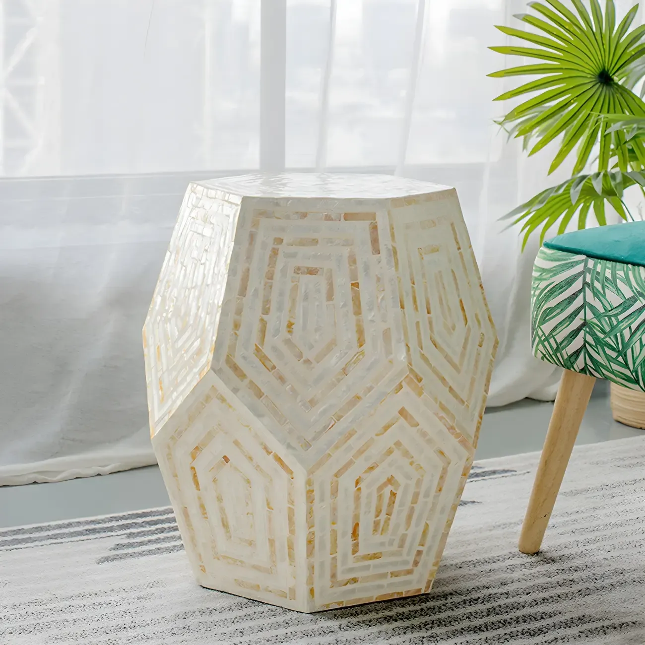 Vintage Wooden Round End Table with Mosaic Design for Home Image - 2