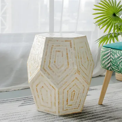 Vintage Wooden Round End Table with Mosaic Design for Home Image - 2